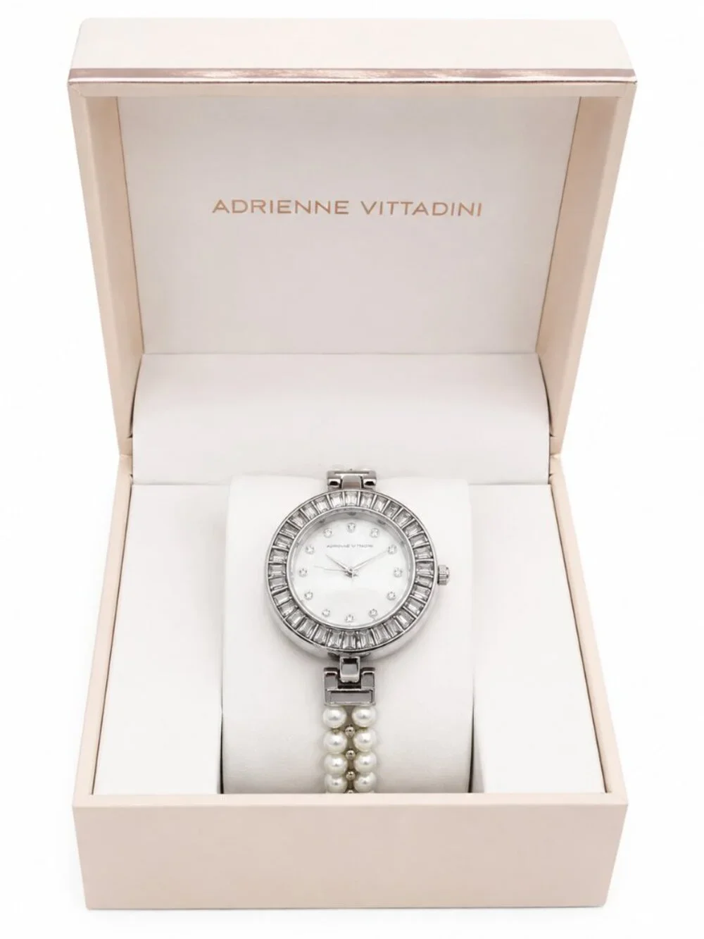 Adrienne Vittadini Women’s Pearl Crystal Watch Silver Tone Box Included